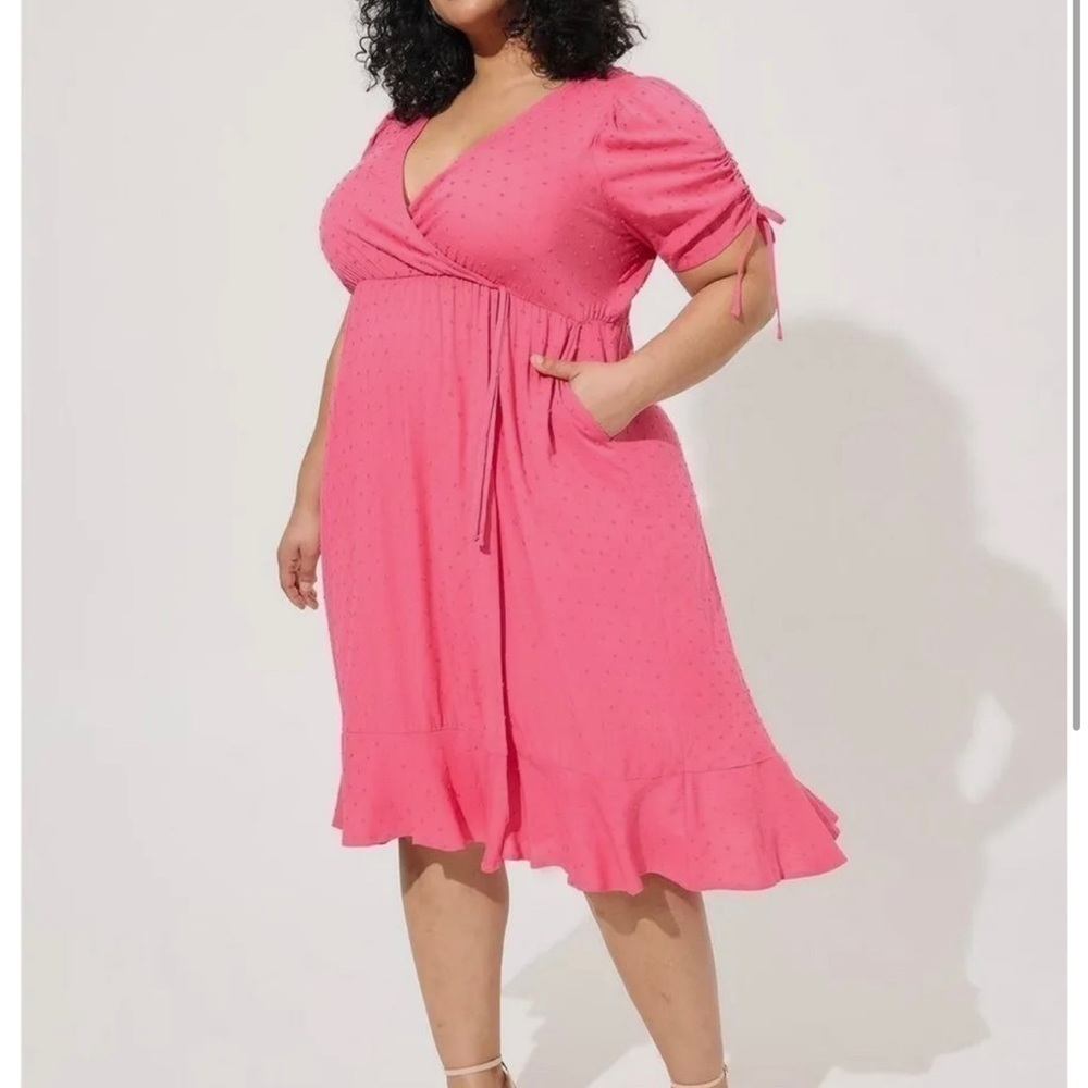 Torrid NWT Midi Swiss linen surplice pink honey suckle l dress